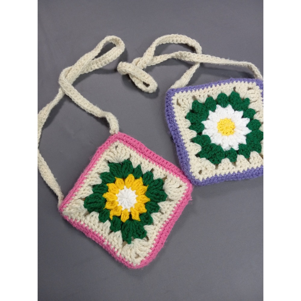 Handmade Crochet Granny Square Crossbody Bag Set 2pc Pink Purple Floral Boho